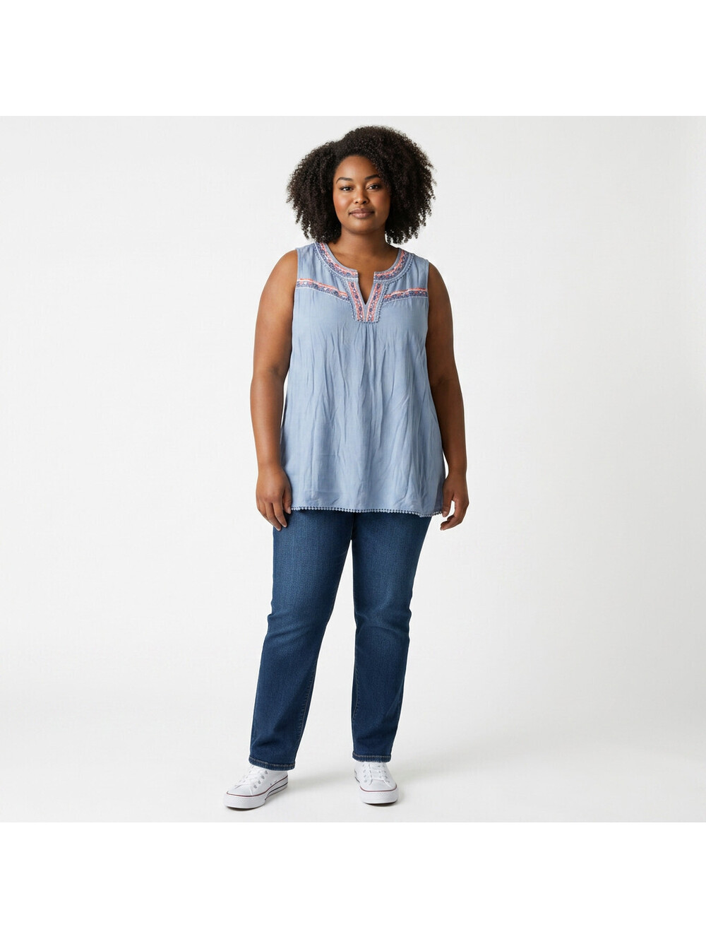 Whispers Blouse Women 2X Plus Blue V-Neck Sleeveless Wide Strap Cotton Casual